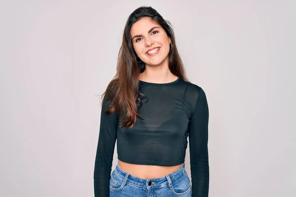 Jovem Bela Mulher Morena Vestindo Camisola Casual Jeans Sobre Fundo — Fotografia de Stock