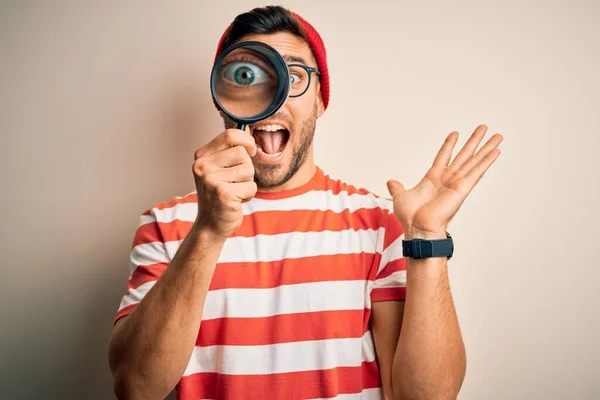 Young Detective Man Looking Magnifying Glass Isolated Background Very Happy — Stockfoto