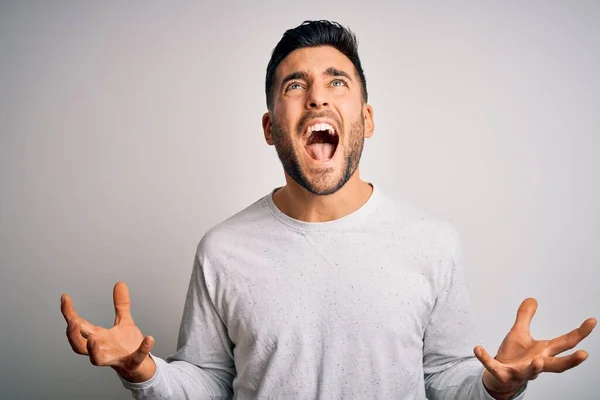 Jonge Knappe Man Draagt Casual Shirt Staan Geïsoleerde Witte Achtergrond — Stockfoto