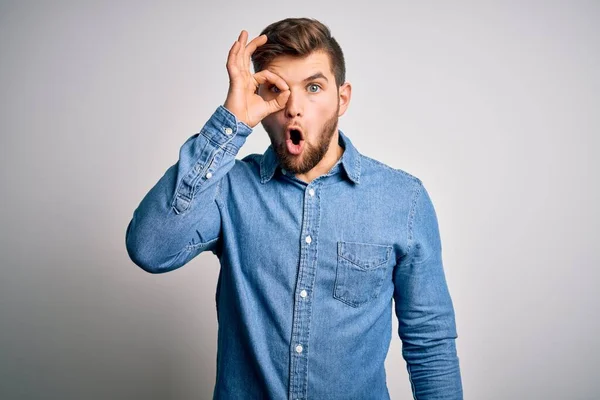 Young Handsome Blond Man Beard Blue Eyes Wearing Casual Denim — Stock Photo, Image