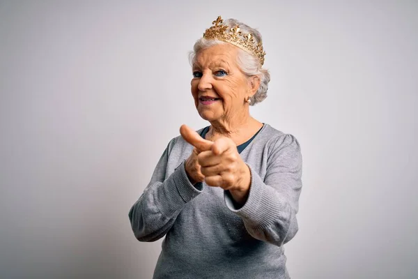 Senior Beautiful Grey Haired Woman Wearing Golden Queen Crown White — Stock Photo, Image