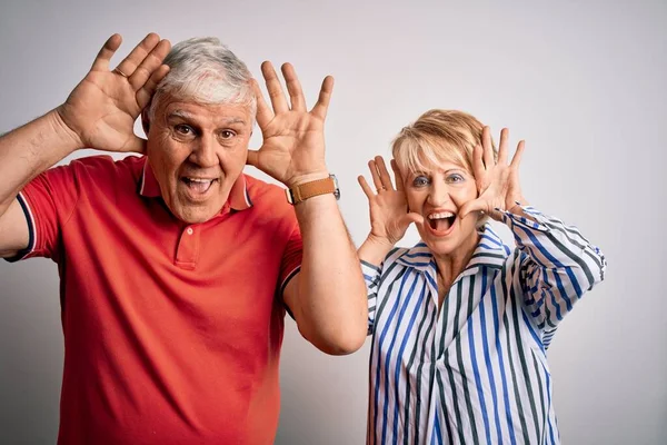 Senior Beautiful Couple Standing Together Isolated White Background Smiling Cheerful — Stock Photo, Image