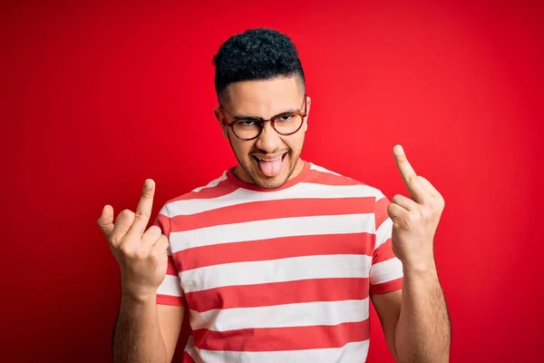 Young Handsome Man Wearing Casual Striped Shirt Glasses Isolated Red — Stockfoto