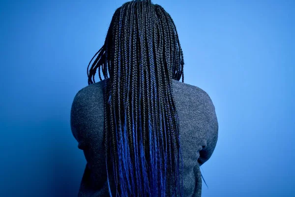 Afro Amerikaanse Size Vrouw Met Vlechten Dragen Casual Trui Blauwe — Stockfoto
