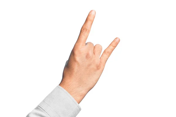 Mão Jovem Caucasiano Mostrando Dedos Sobre Fundo Branco Isolado Gesticulando — Fotografia de Stock