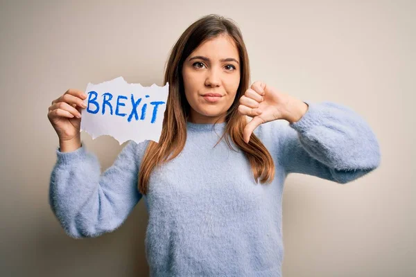 Jonge Blonde Vrouw Houdt Brexit Banner Van Politiek Referendum Geïsoleerde — Stockfoto