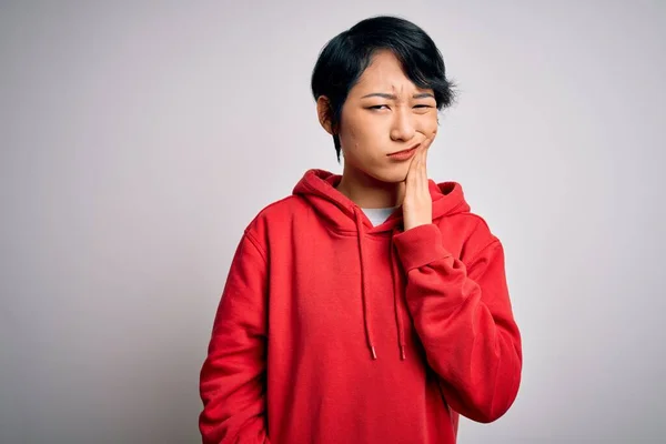 Young Beautiful Asian Girl Wearing Casual Sweatshirt Hoodie White Background — Stock Photo, Image