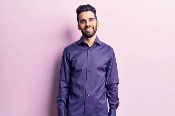 Young Handsome Man Beard Wearing Casual Shirt Happy Cool Smile — Stock Photo, Image
