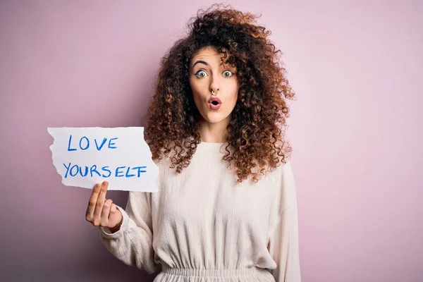 Young Beautiful Woman Curly Hair Piercing Holding Paper Love Yourself — Stock Photo, Image