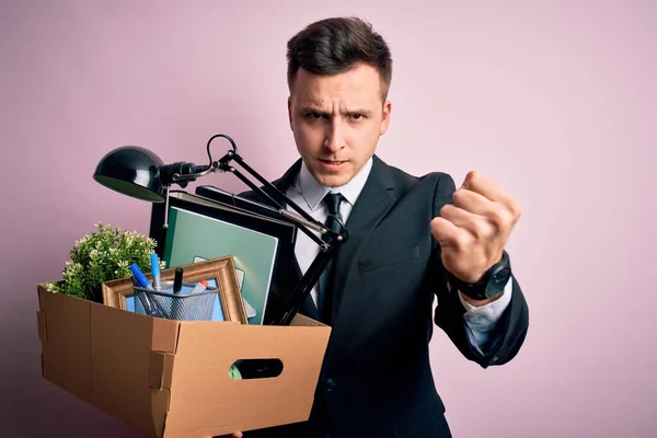 Young Handsome Caucasian Business Man Holding Cardboard Box Unemployment Fired — Stock Photo, Image