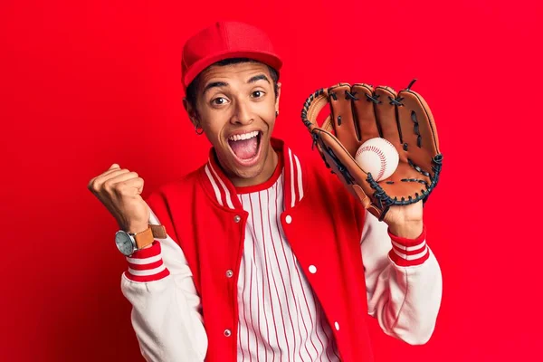 Young African Amercian Man Wearing Baseball Uniform Holding Golve Ball — Stock Photo, Image