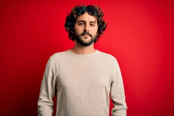 Young Handsome Man Beard Wearing Casual Sweater Standing Red Background — Stock Photo, Image