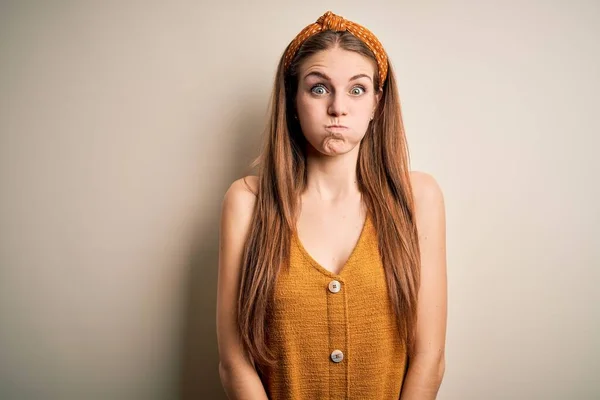 Young Beautiful Redhead Woman Wearing Casual Shirt Diadem Yellow Background — Stock Photo, Image