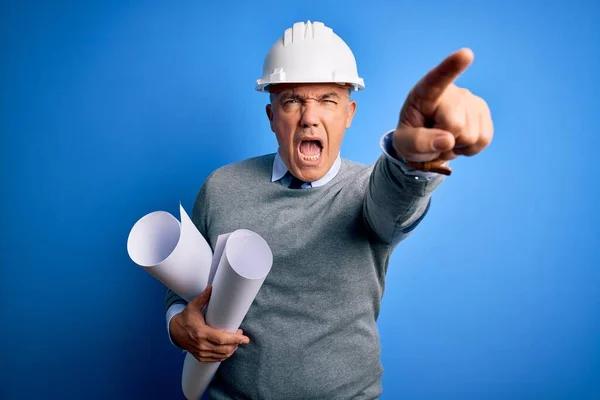 Hombre Guapo Arquitecto Pelo Gris Mediana Edad Con Casco Seguridad — Foto de Stock