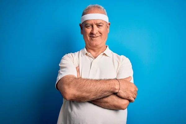 Middle Age Hoary Sportsman Doing Sport Wearing Sportswear Isolated Blue — Stock Photo, Image
