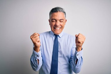 Orta yaşlı, yakışıklı, gri saçlı, zarif gömlekli ve kravatlı bir iş adamı. Kolları havada, gözleri kapalı zaferi kutlarken gülümsüyor. Kazanan konsept.