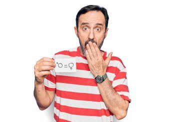 Orta yaşlı bir adam, elinde eşit haklara sahip kadın ve erkek kavramları olan bir kağıt tutarak ağzı eliyle kapatmayı, şok olmayı ve hata yapmaktan korkmayı istiyor. Şaşırtıcı ifade.