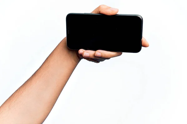 Hand Caucasian Young Man Holding Smartphone Showing Screen Isolated White — Stock Photo, Image