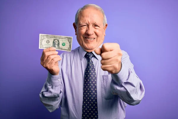 Starszy Siwowłosy Mężczyzna Trzymający Banknot Dolarowy Nad Fioletowym Tle Zirytowany — Zdjęcie stockowe