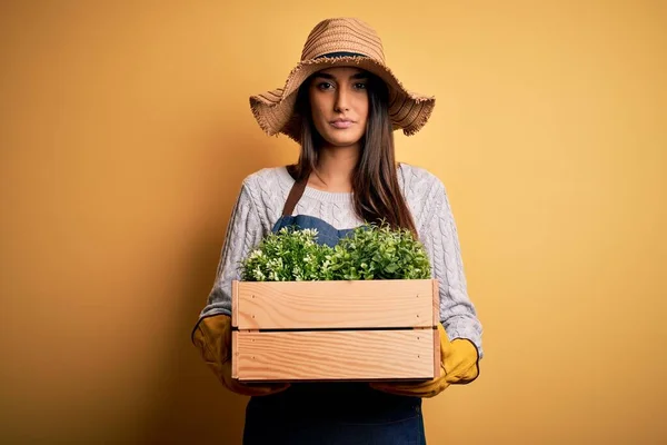 Jovem Bela Morena Jardineiro Mulher Vestindo Avental Chapéu Segurando Caixa — Fotografia de Stock
