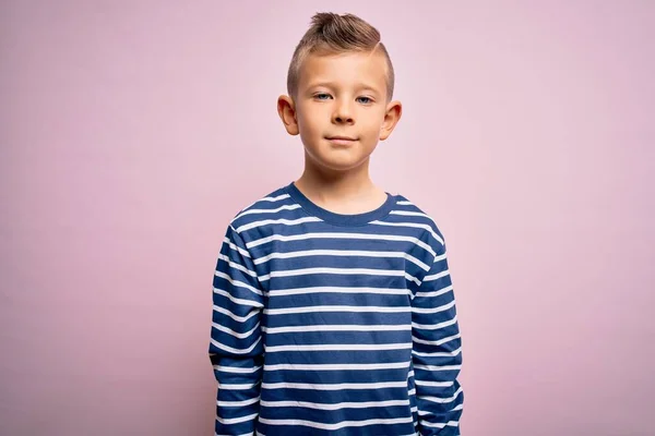 Young Little Caucasian Kid Blue Eyes Wearing Nautical Striped Shirt — Stock Photo, Image