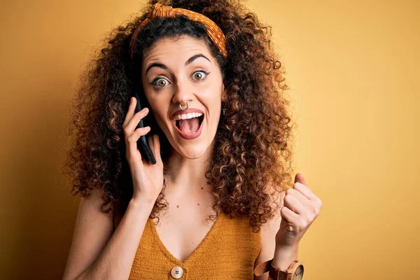 Young Beautiful Woman Curly Hair Piercing Having Conversation Talking Smartphone — Stock Photo, Image