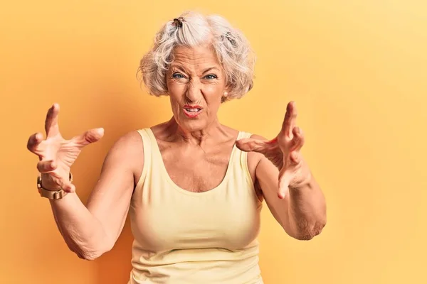 Senior Grey Haired Woman Wearing Casual Clothes Shouting Frustrated Rage — Stock Photo, Image