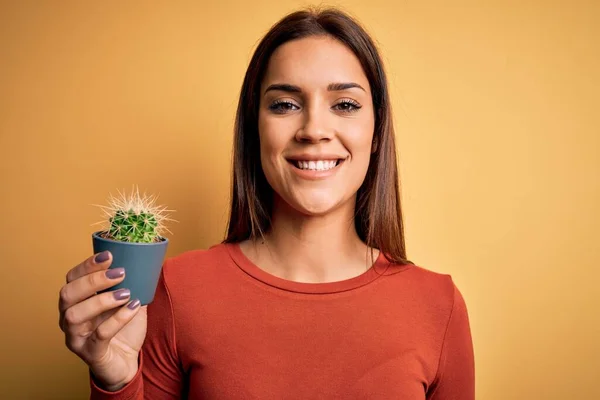 Young Beautiful Brunette Woman Holding Small Cactus Pot Yellow Background — Stock Photo, Image