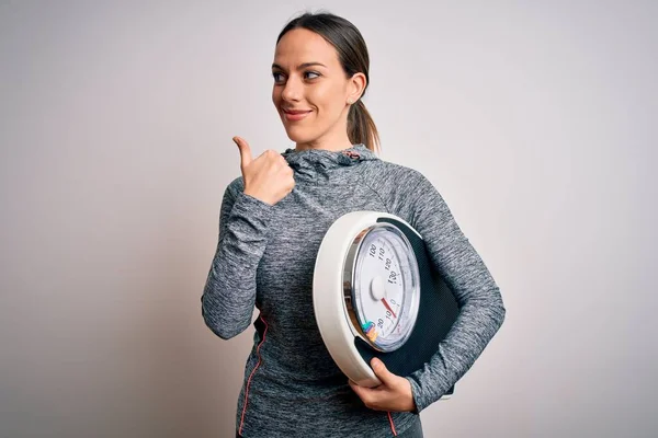 Young Fitness Woman Wearing Sport Workout Clothes Holding Scale Healthy — Stock Photo, Image
