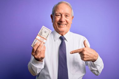 Mor zemin üzerinde 50 dolarlık banknotlar tutan yaşlı gri saçlı bir adam.