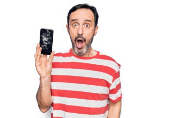Orta yaşlı bir adam elinde kırık bir telefon ile beyaz arka planda çatlak bir ekran gösteriyor. Şaşırmak için ağzı açık ve korkmuş, inançsız bir yüz.