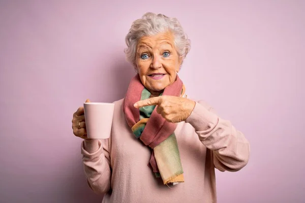 Senior Belle Femme Aux Cheveux Gris Buvant Tasse Café Sur — Photo