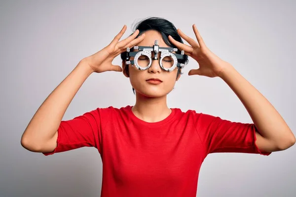 Young Beautiful Asian Girl Wearing Optometry Glasses Standing Isolated White — Stock Photo, Image