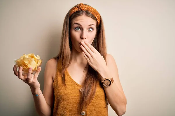 Young Beautiful Redhead Woman Holding Bowl Potato Chips Isolated White — Stock Photo, Image