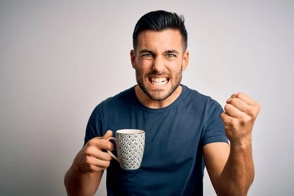 Giovane Bell Uomo Che Beve Una Tazza Caffè Caldo Sfondo — Foto Stock