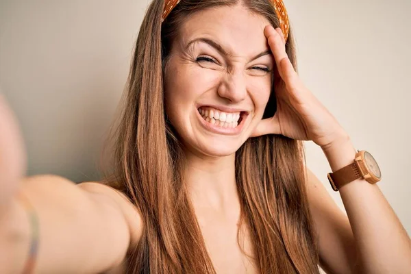 Young Beautiful Redhead Woman Wearing Diadem Make Selfie Camera Stressed — Stock Photo, Image