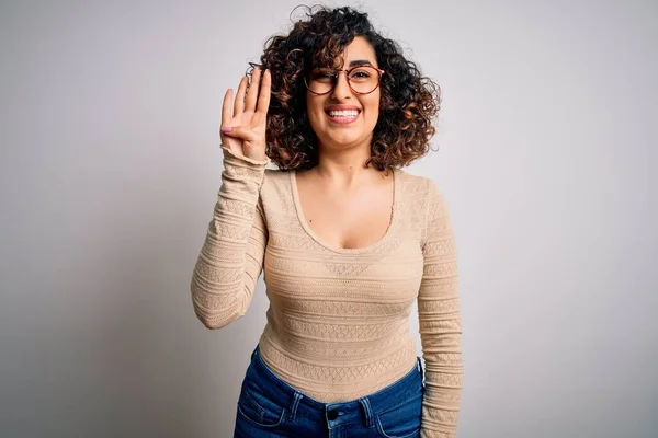 Young Beautiful Curly Arab Woman Wearing Casual Shirt Glasses White — Stock Photo, Image