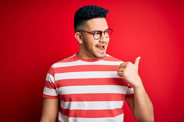 Young Handsome Man Wearing Casual Striped Shirt Glasses Isolated Red — Stock Photo, Image