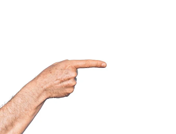 Ręka Białego Mężczyzny Średnim Wieku Nad Odizolowanym Białym Tle Wskazując — Zdjęcie stockowe