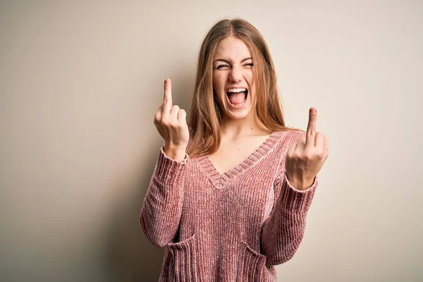 Young Beautiful Redhead Woman Wearing Pink Casual Sweater Isolated White — Stockfoto