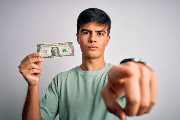 Joven Hombre Guapo Sosteniendo Billetes Dólar Sobre Fondo Blanco Aislado —  Fotos de Stock