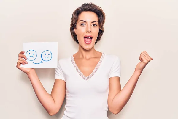 Young Beautiful Woman Holding Sad Happy Emotion Paper Pointing Thumb — Stock Photo, Image