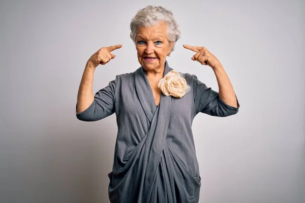 Senior beautiful grey-haired woman wearing casual dress standing over white background smiling pointing to head with both hands finger, great idea or thought, good memory