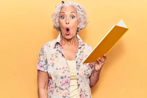 Senior Mujer Pelo Gris Sosteniendo Libro Asustado Sorprendido Con Boca — Foto de Stock