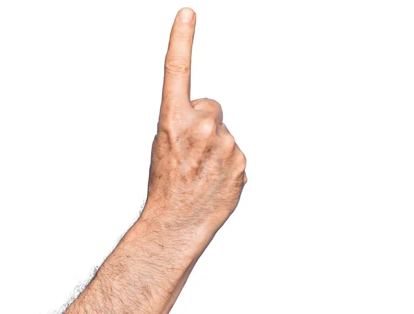 Ręka Białego Mężczyzny Średnim Wieku Nad Odizolowanym Białym Tłem Licząc — Zdjęcie stockowe