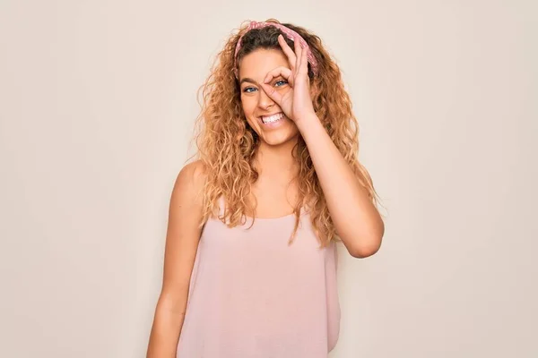 Young Beautiful Woman Blue Eyes Wearing Casual Shirt Diadem Pink — Stock Photo, Image