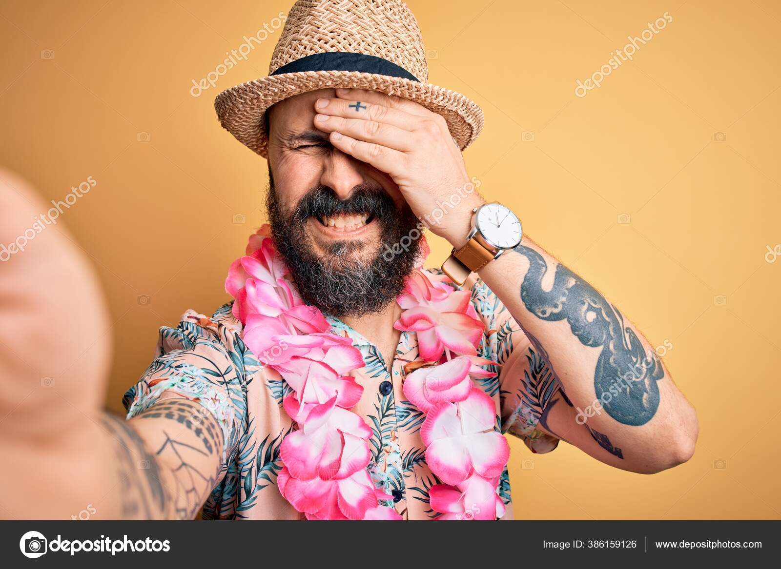 Handsome Bald Man Beard Tattoo Vacation Wearing Summer Hat Hawaiian Stock Photo by © 386159126 Handsome Bald Man Beard Tattoo Vacation Wearing Summer Hat Hawaiian Stock Photo by © 386159126