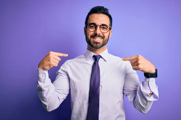 Handsome Businessman Beard Wearing Casual Tie Glasses Purple Background Looking — Stock Photo, Image