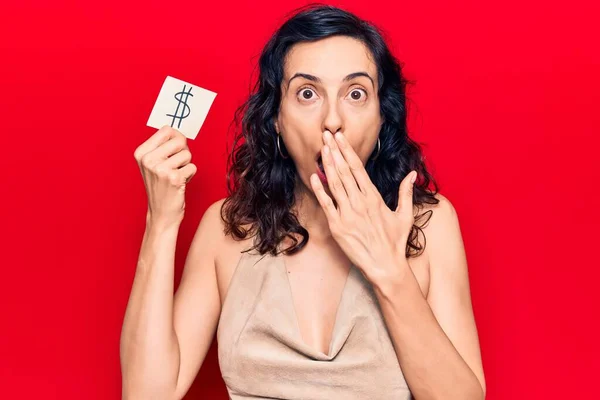 Young Beautiful Hispanic Woman Holding Dollar Symbol Reminder Paper Covering — Stock Photo, Image