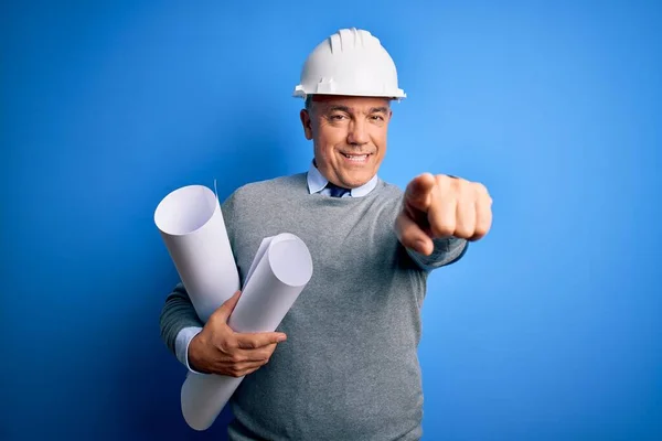 Middle Age Handsome Grey Haired Architect Man Wearing Safety Helmet — Stock Photo, Image